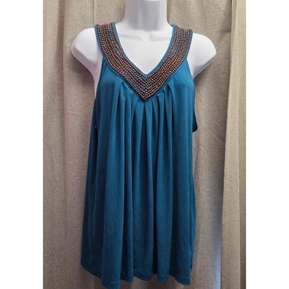 Apostrophe Womens Teal Blue Beaded V-Neck Pleated Sleeveless Tank Top Large